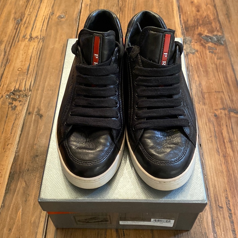 Prada Low Too Napa Sport Leather Sneakers with White Sole.
